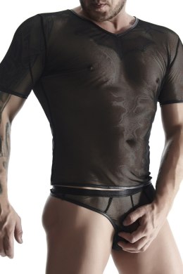 Męski komplet z elastycznej siatki: t-shirt w serek, stringi S