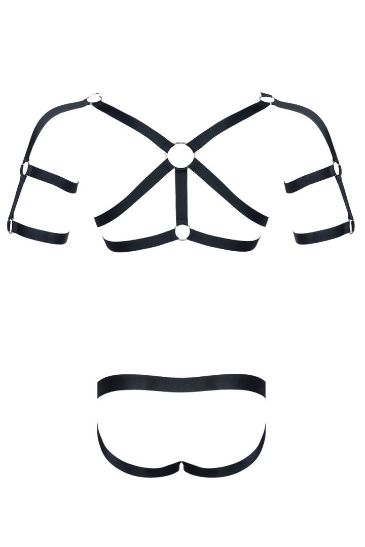 Męski komplet z gumy: t-shirt z ozdobami z tyłu i przodu, figi z otwartym tyłem S/M